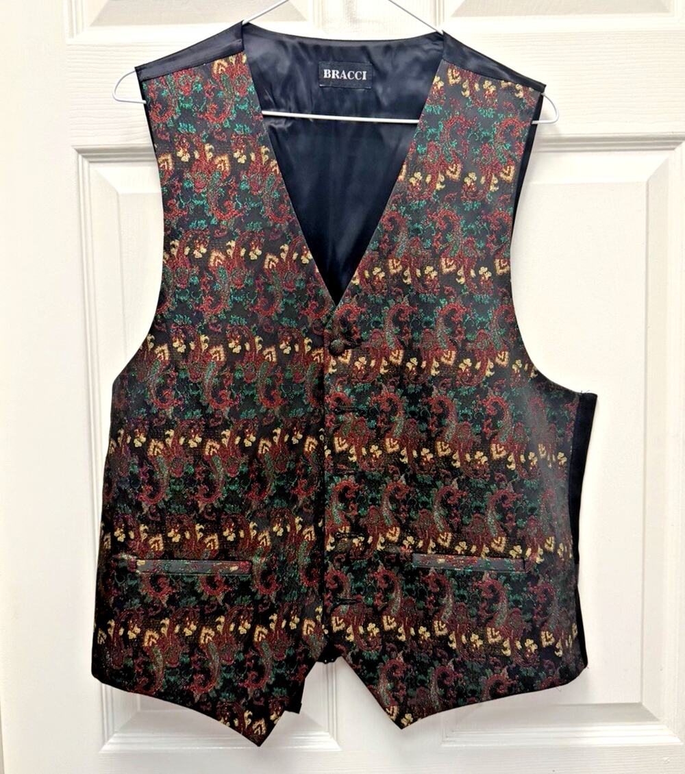 Vintage BRACCI 100% Silk Formal Vest Mens M Holiday Paisley Metallic Brocade